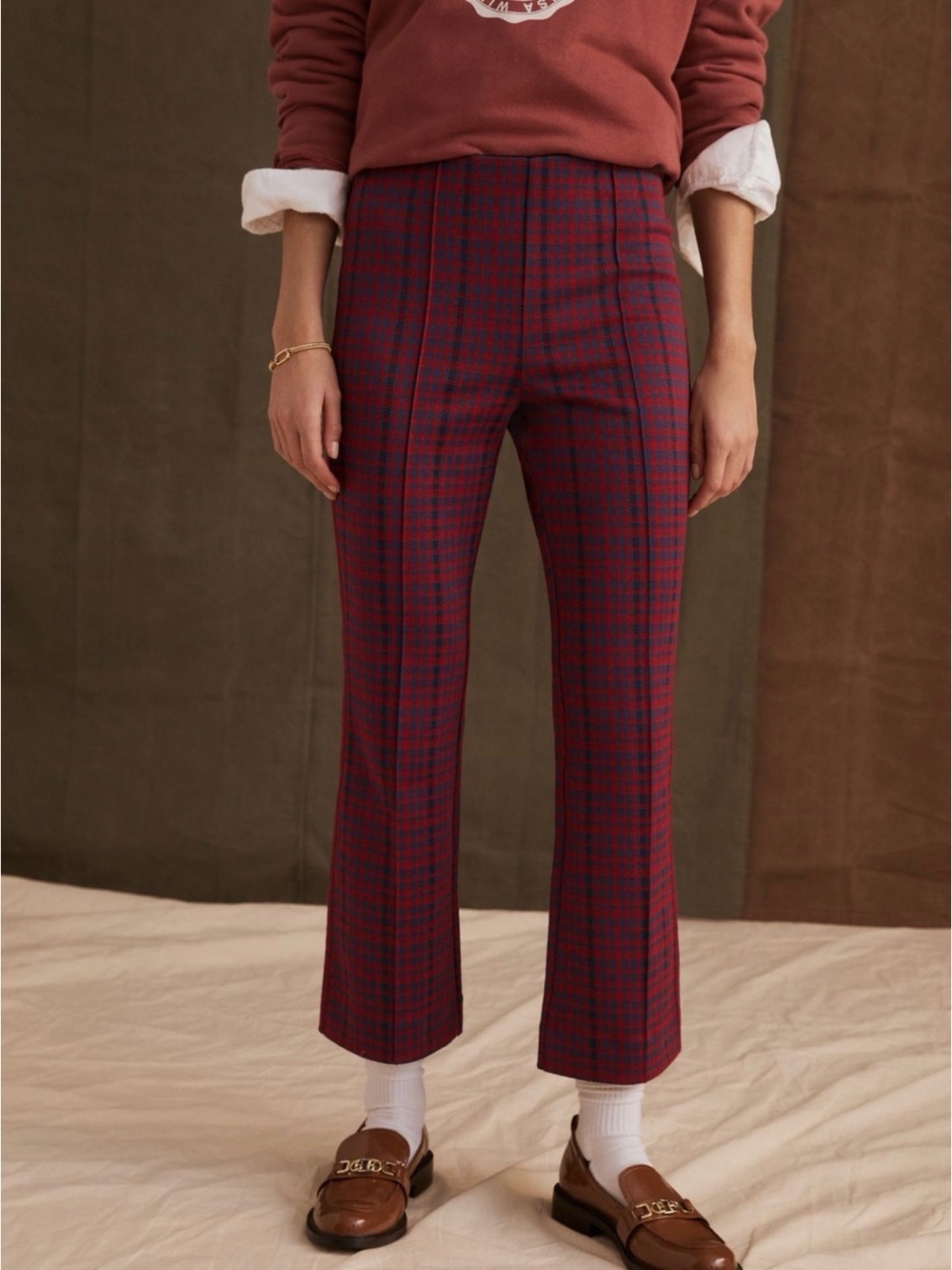 Anthropologie Margot Red Plaid Kick-Flared Cropped High-Rise Tailored Pants Med